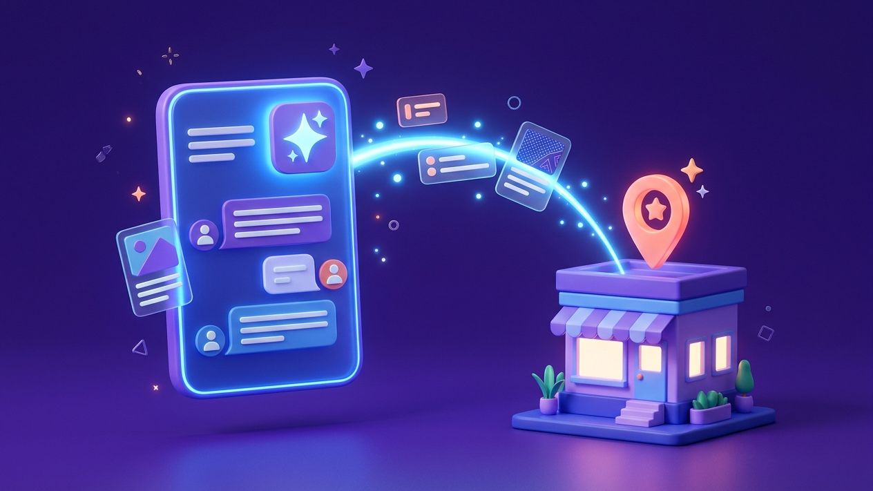 Illustration of an AI chat interface linked by a beam of light to a local shopfront with a location pin, representing AI search visibility