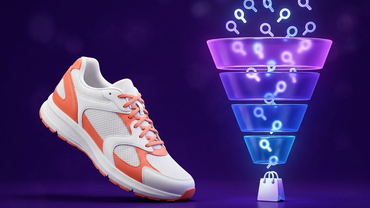 Illustration of a running shoe beside a search intent funnel, with search icons entering the top and a shopping bag at the bottom