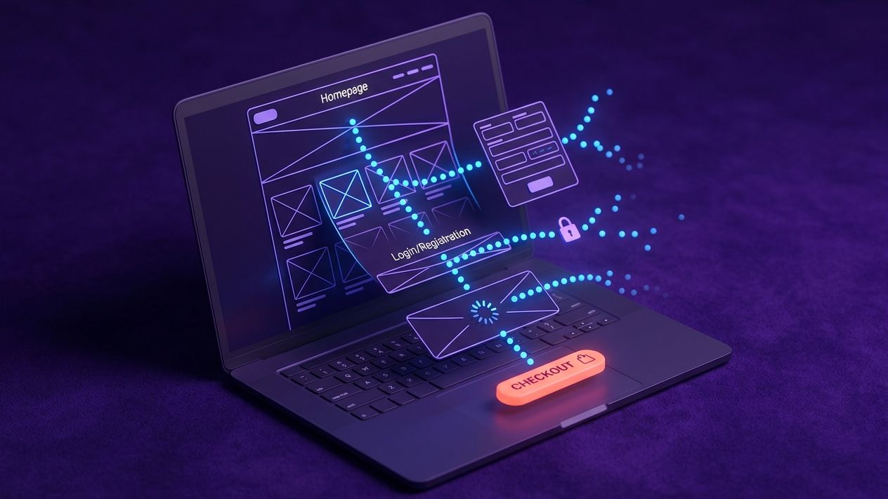 Illustration of a laptop showing a visitor journey to checkout, with some visitors dropping off at forms and loading screens